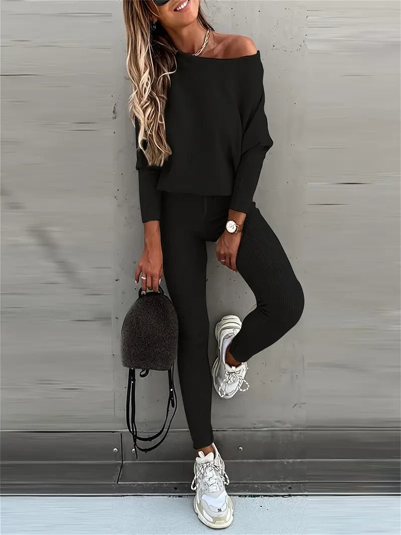 women ribbed knit set in black for casual wear 4