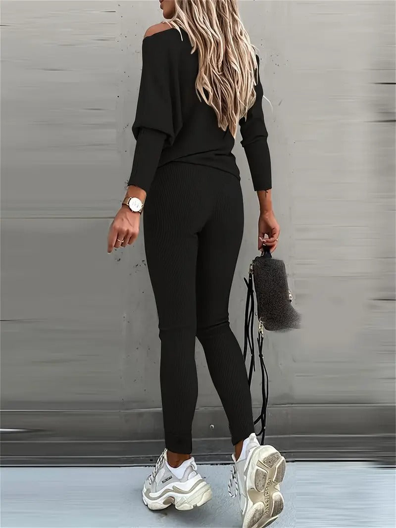 women ribbed knit set in black for casual wear 5