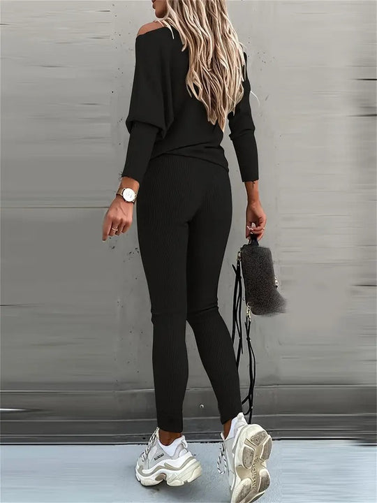 women ribbed knit set in black for casual wear 5