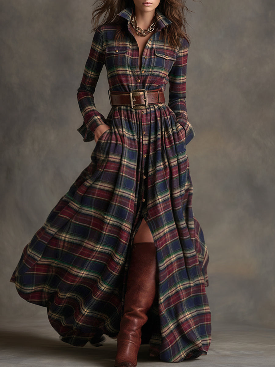 Carolyn  - Long Plaid Shirt Dress Seasonal Gatherings