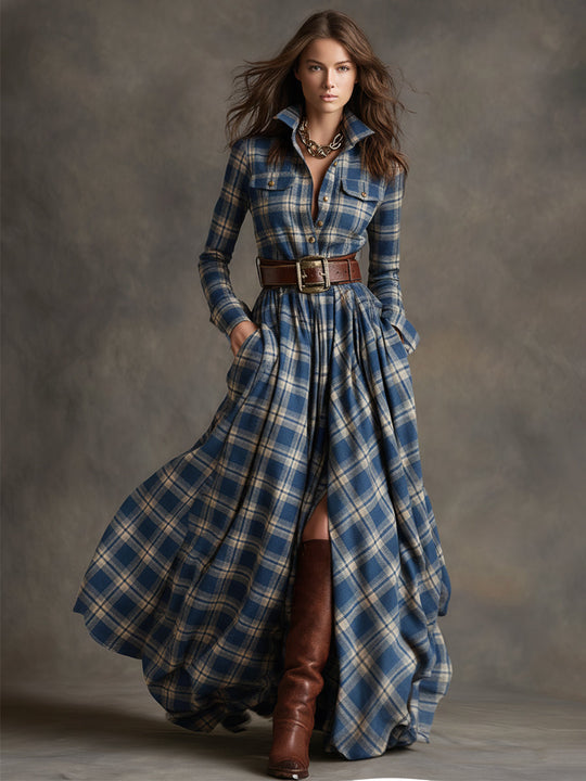 Carolyn  - Long Plaid Shirt Dress Seasonal Gatherings