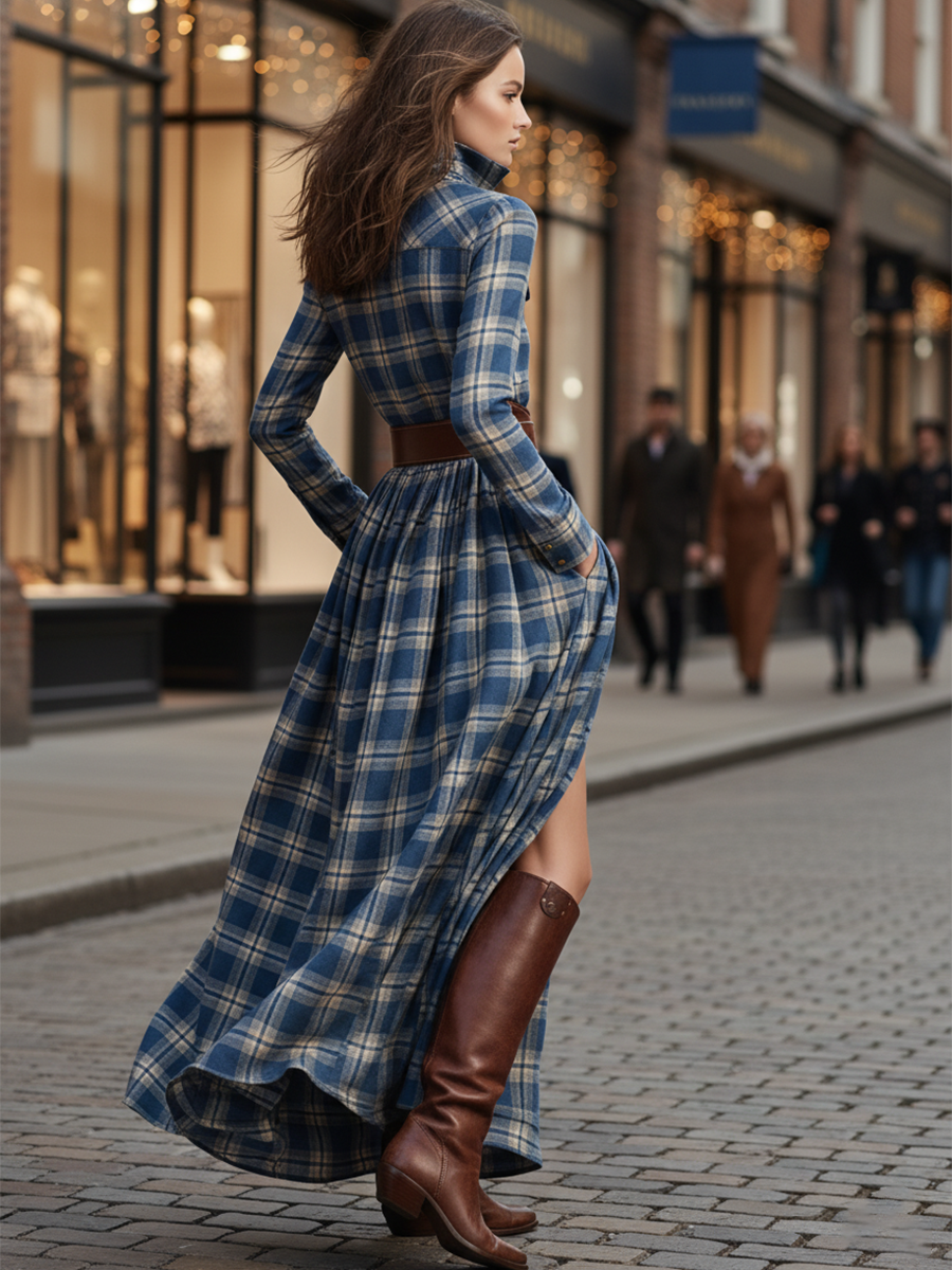 Carolyn  - Long Plaid Shirt Dress Seasonal Gatherings