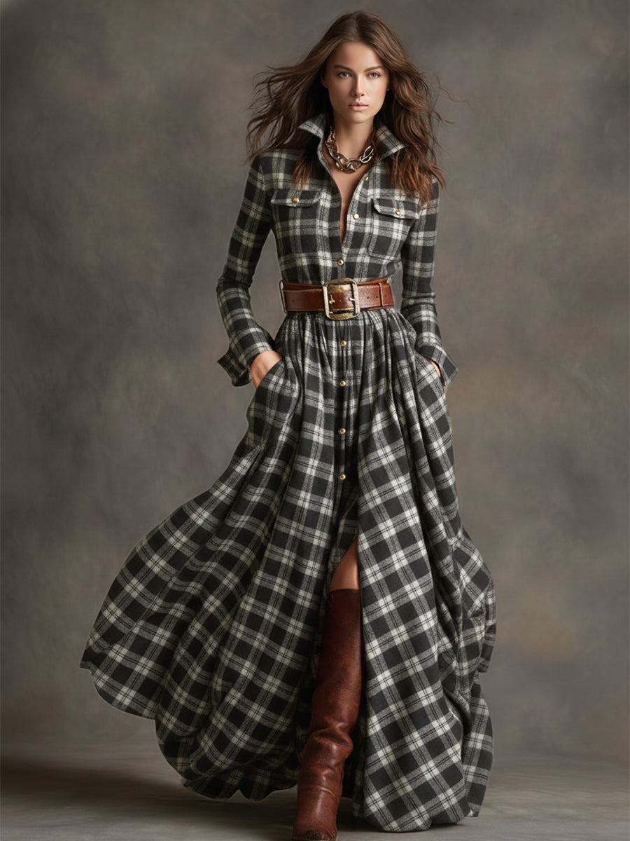 Carolyn  - Long Plaid Shirt Dress Seasonal Gatherings