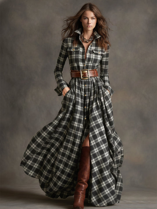 Carolyn  - Long Plaid Shirt Dress Seasonal Gatherings