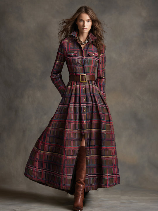 Carolyn  - Long Plaid Shirt Dress Seasonal Gatherings
