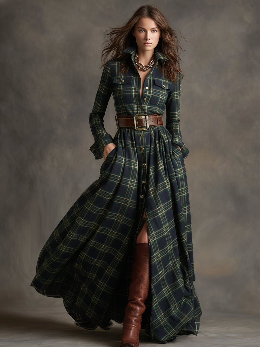 Carolyn  - Long Plaid Shirt Dress Seasonal Gatherings