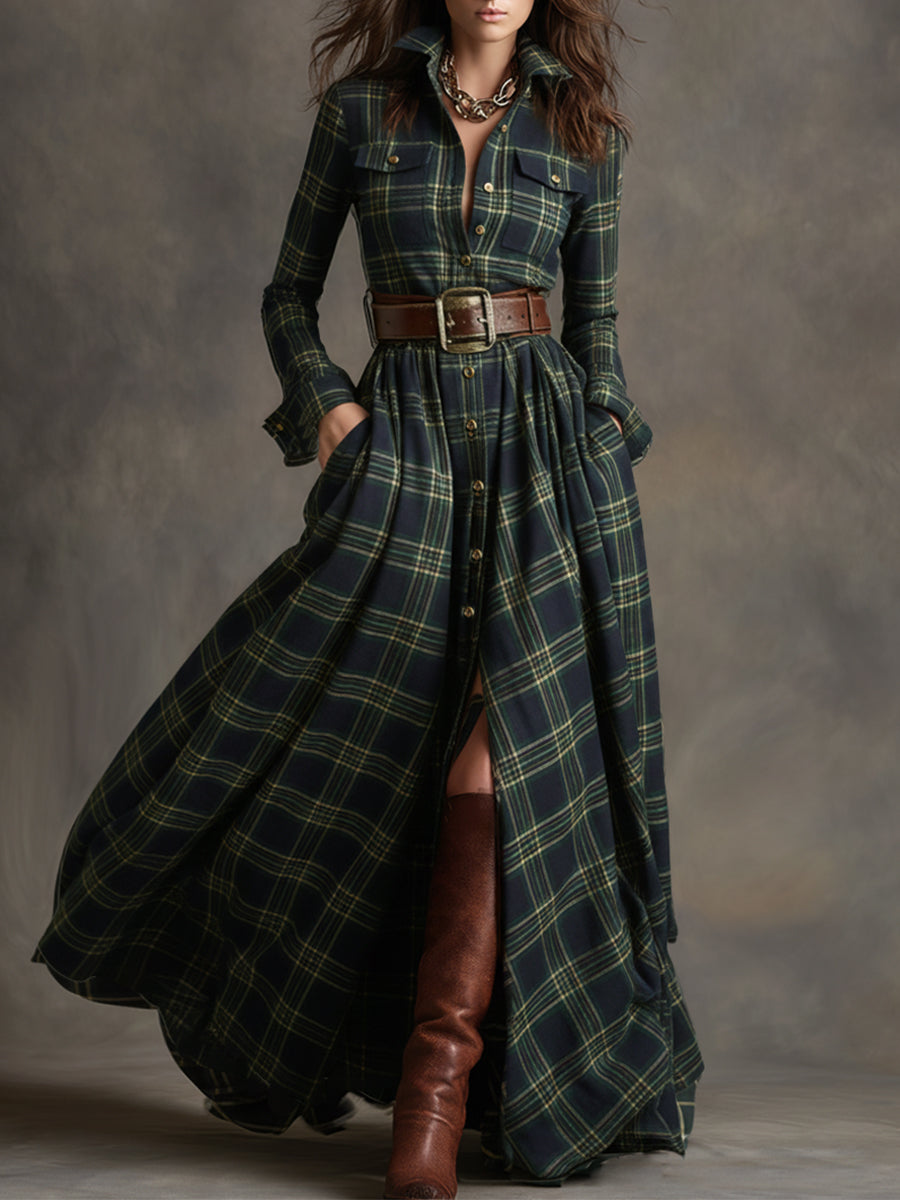 Carolyn  - Long Plaid Shirt Dress Seasonal Gatherings