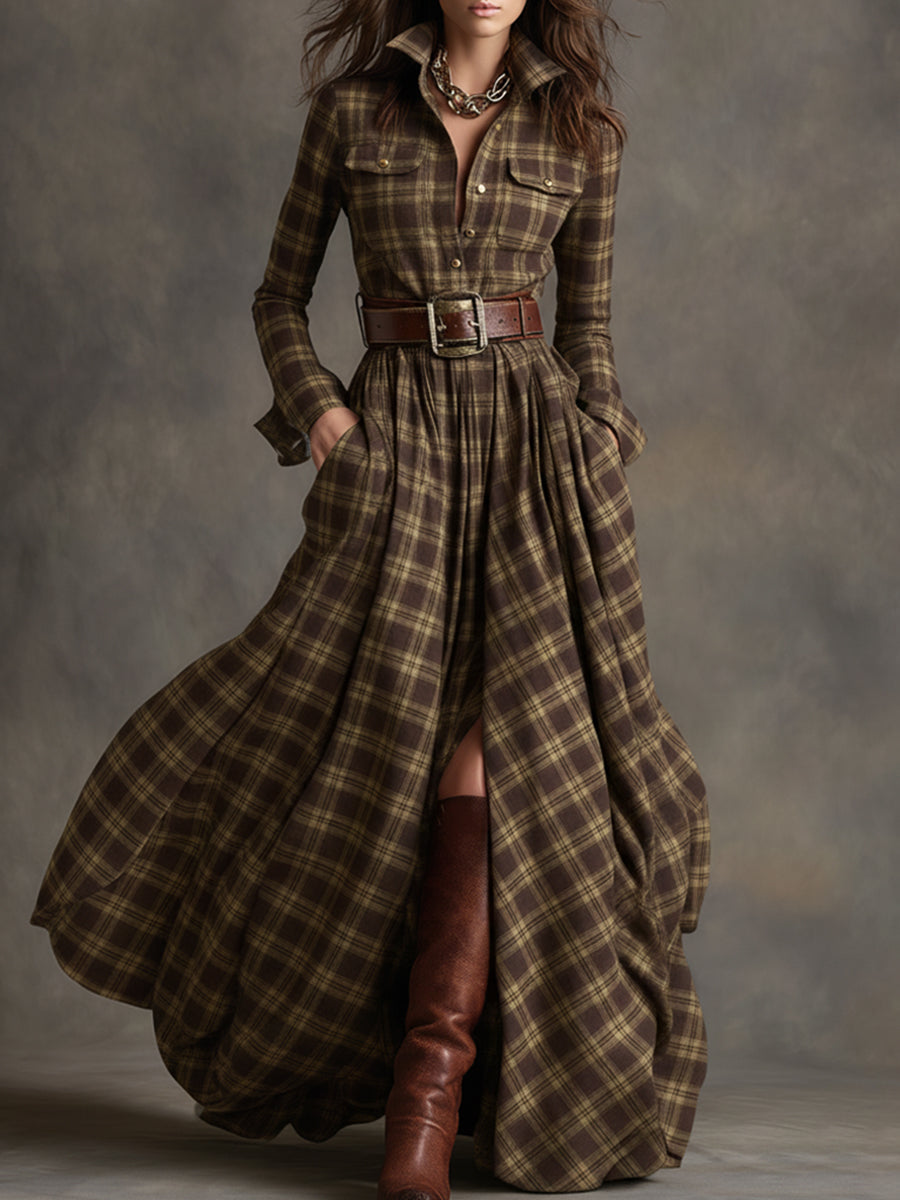 Carolyn  - Long Plaid Shirt Dress Seasonal Gatherings