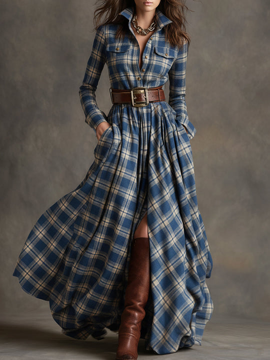 Carolyn  - Long Plaid Shirt Dress Seasonal Gatherings