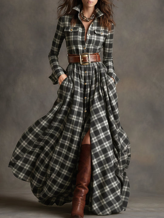 Carolyn  - Long Plaid Shirt Dress Seasonal Gatherings
