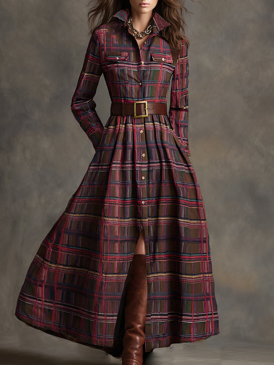 Carolyn  - Long Plaid Shirt Dress Seasonal Gatherings