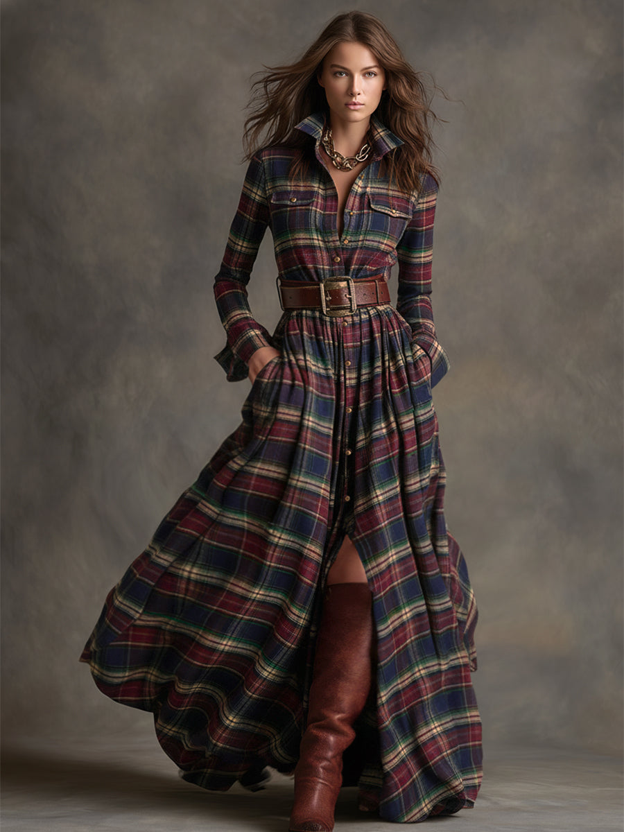 Carolyn  - Long Plaid Shirt Dress Seasonal Gatherings