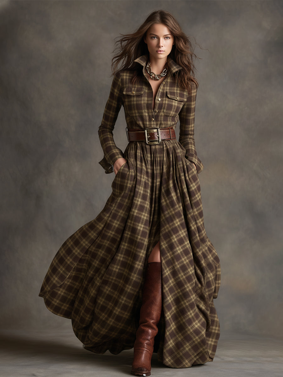 Carolyn  - Long Plaid Shirt Dress Seasonal Gatherings