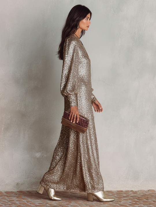 Casey  - Long Sleeve Shimmering Maxi Dress Holiday Parties