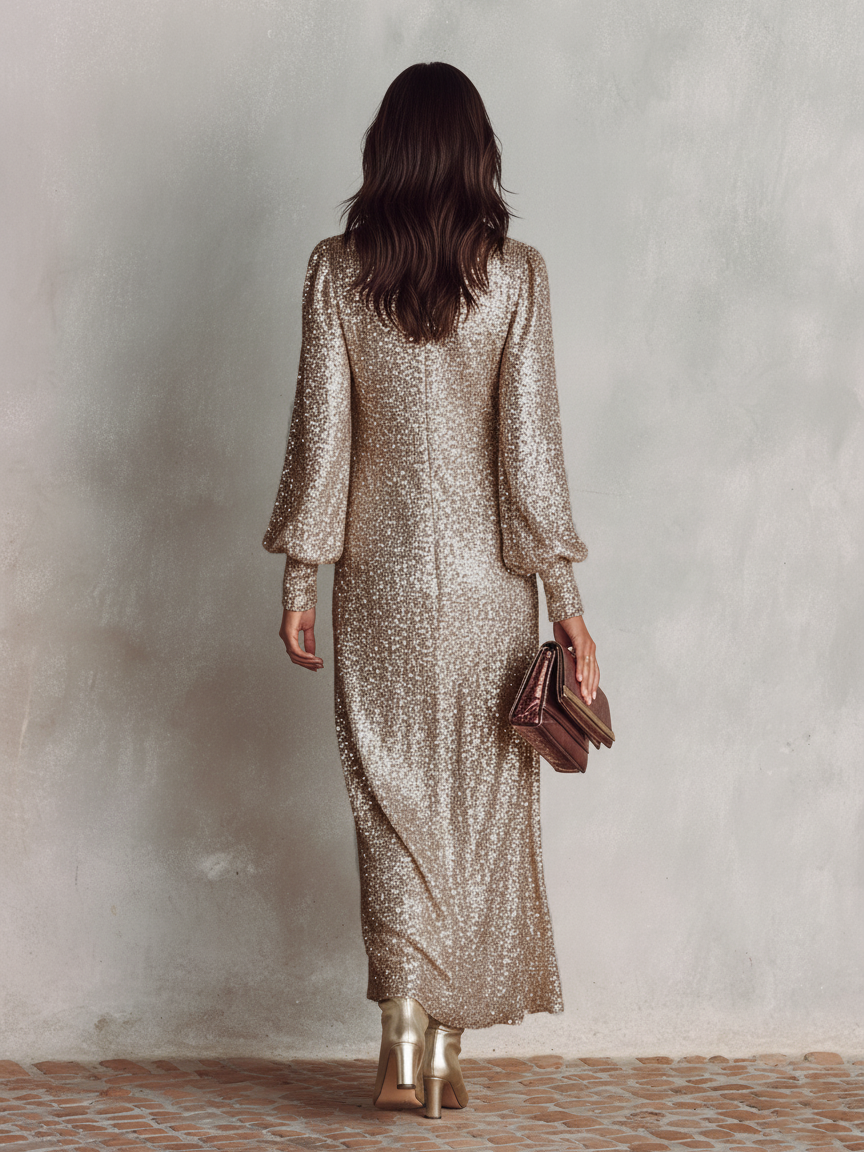 Casey  - Long Sleeve Shimmering Maxi Dress Holiday Parties
