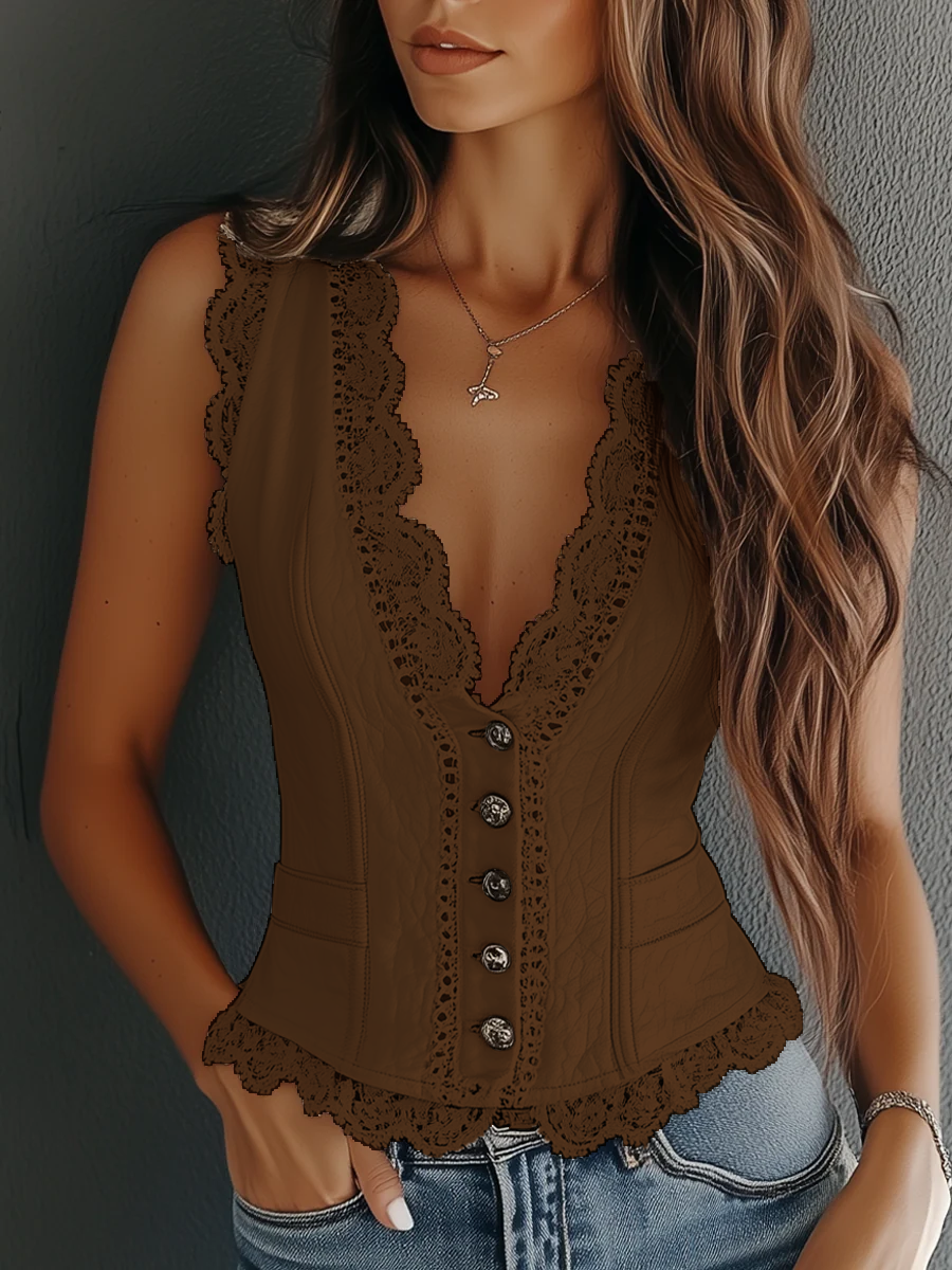 Cecilia  - Sleeveless Textured Button-Front Vest 
