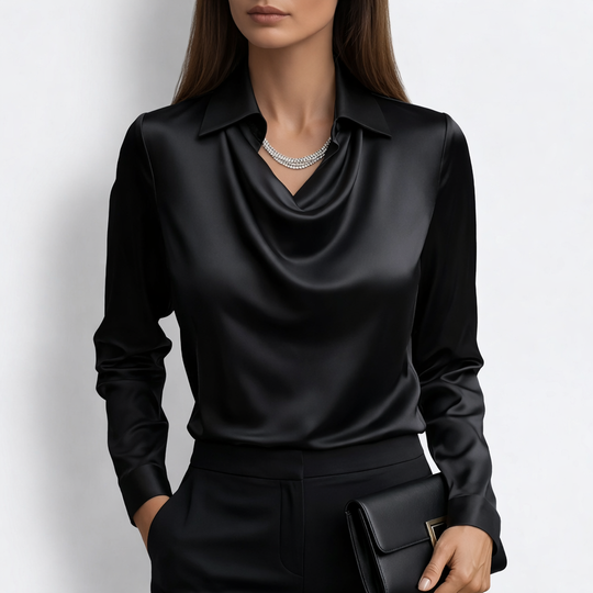 Ronna - Satin Cowl Neck Long Sleeve Blouse-Women’s Blouse-Noble Wears-Black-S-NW