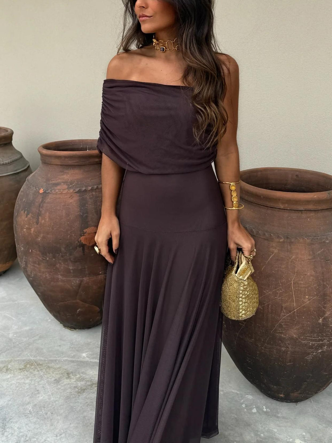 Clara  - Off-Shoulder Maxi Dress Styling For Evening Events
