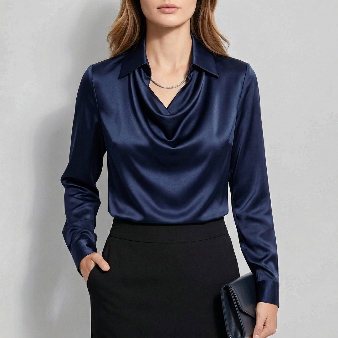 Ronna - Satin Cowl Neck Long Sleeve Blouse-Women’s Blouse-Noble Wears-Navy Blue-S-NW