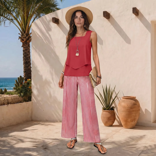 Debbie  - Sleeveless Square Neck Top And Wide-Leg Pants Set