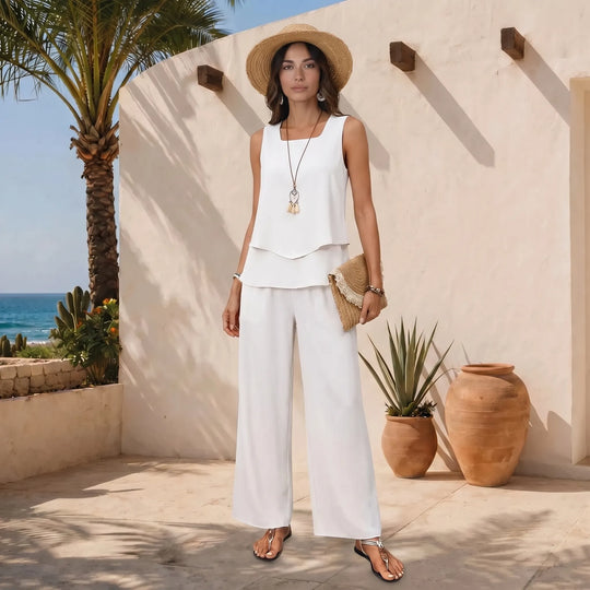 Debbie  - Sleeveless Square Neck Top And Wide-Leg Pants Set