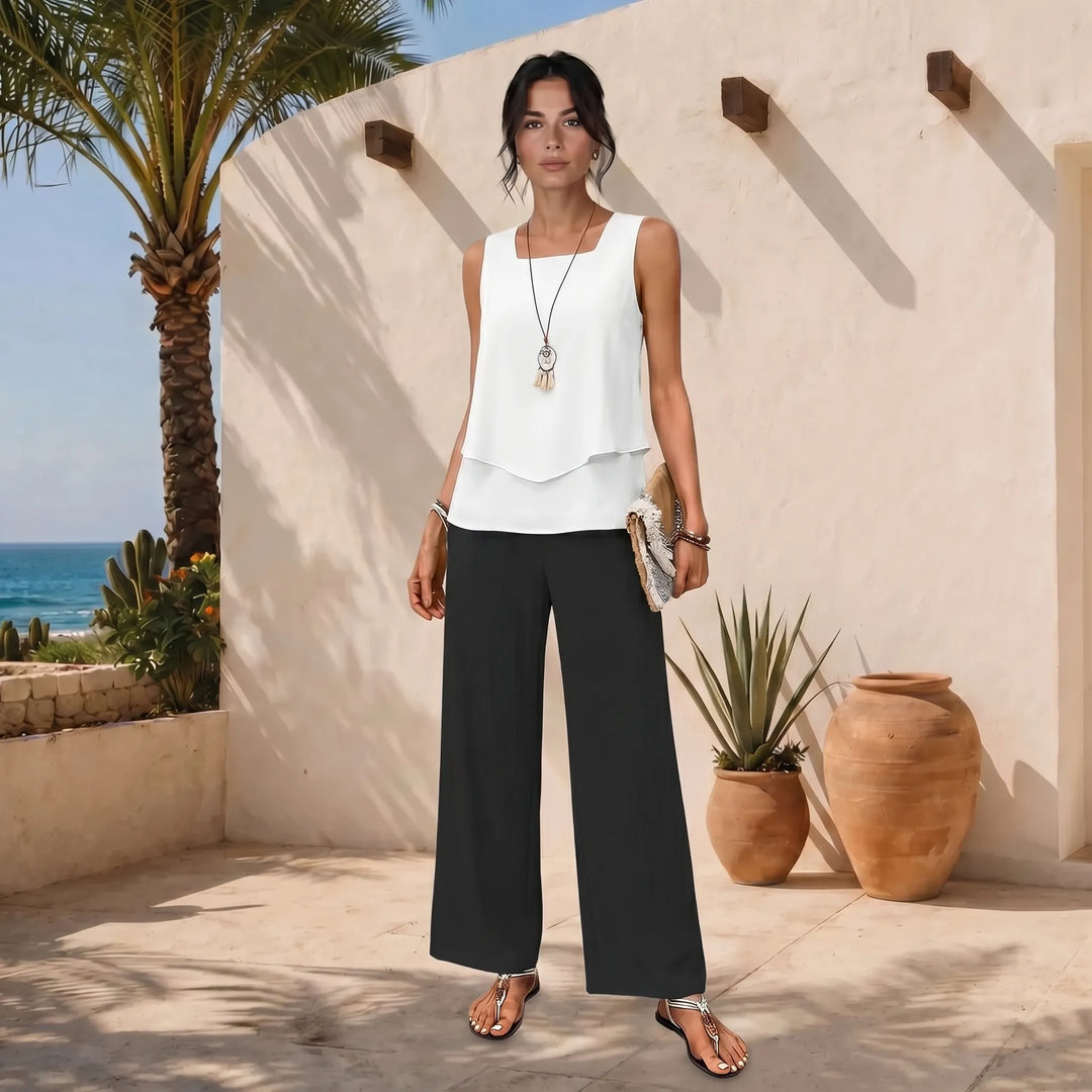 Debbie  - Sleeveless Square Neck Top And Wide-Leg Pants Set