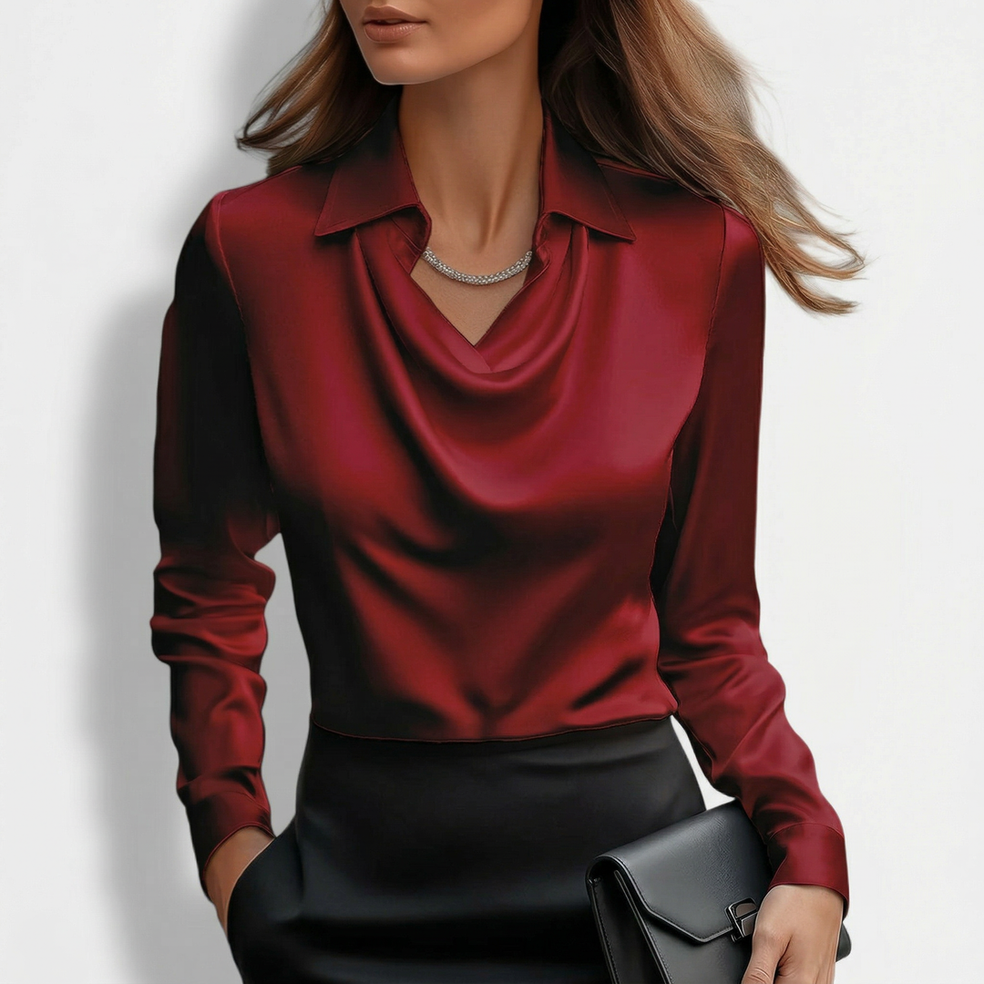 Ronna - Satin Cowl Neck Long Sleeve Blouse-Women’s Blouse-Noble Wears-Red-S-NW
