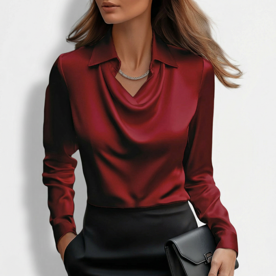 Ronna - Satin Cowl Neck Long Sleeve Blouse-Women’s Blouse-Noble Wears-Red-S-NW