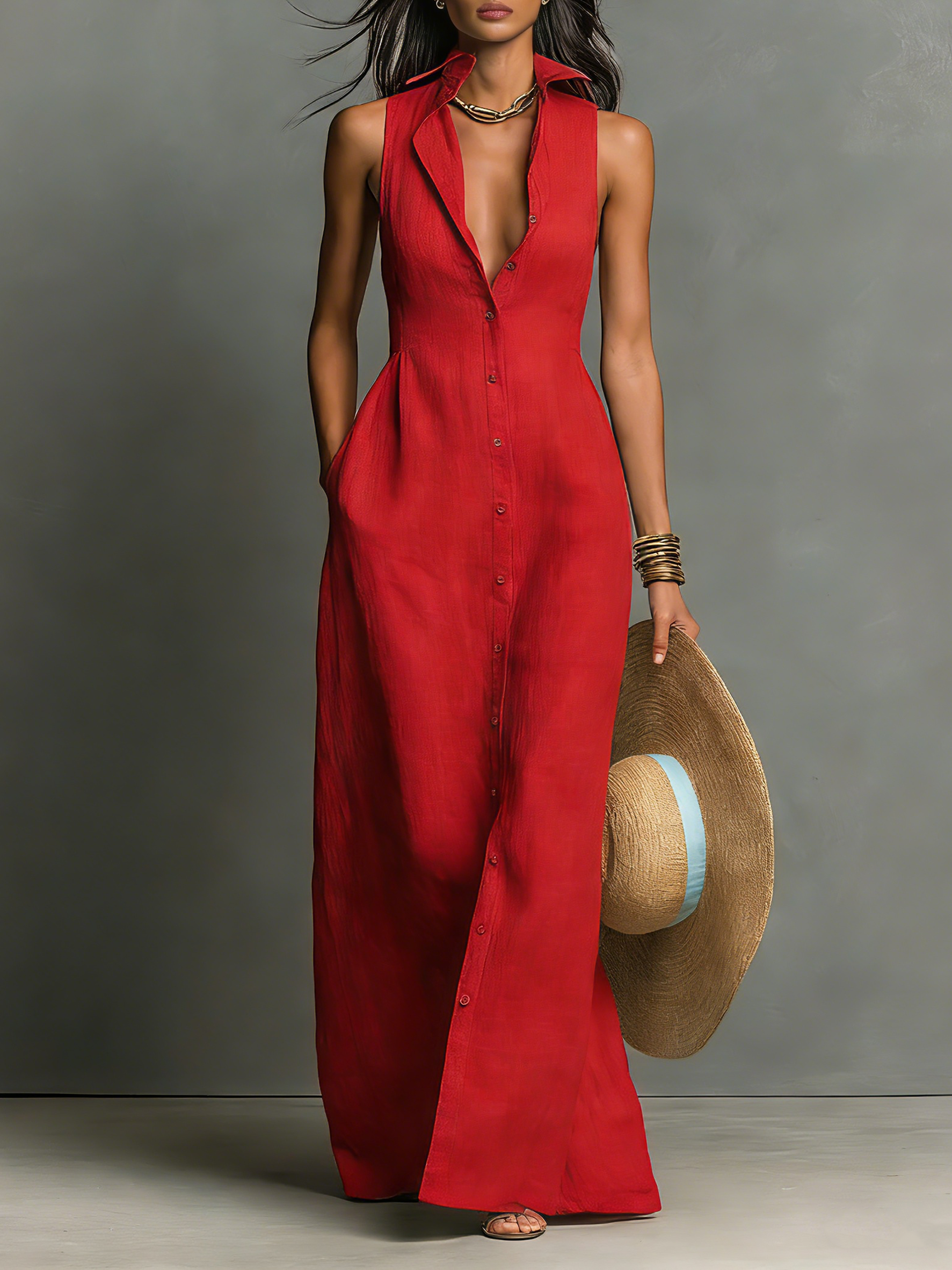 Dorothy  - Sleeveless Maxi Shirt Dress Casual Daytime Wear