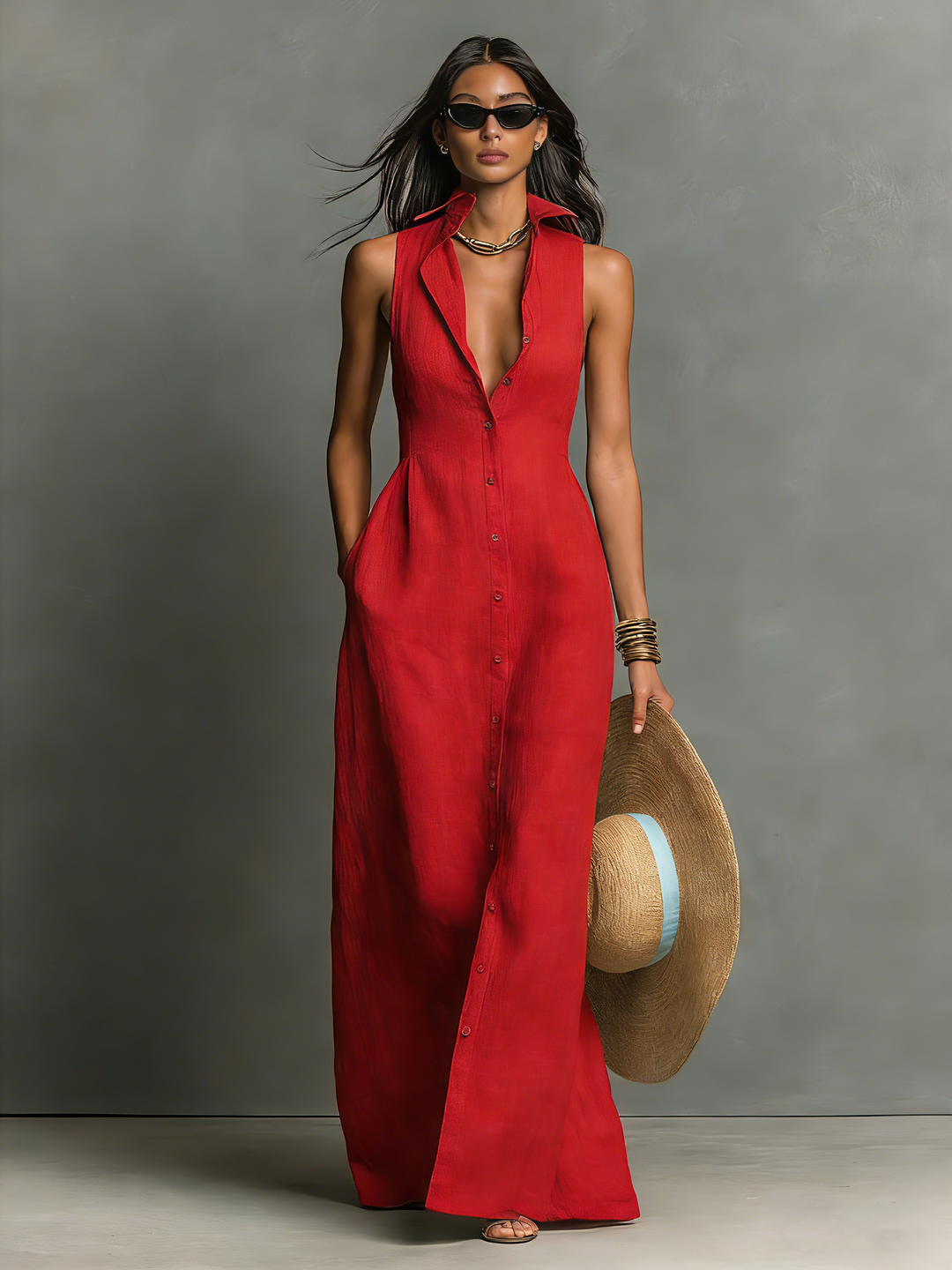 Dorothy  - Sleeveless Maxi Shirt Dress Casual Daytime Wear