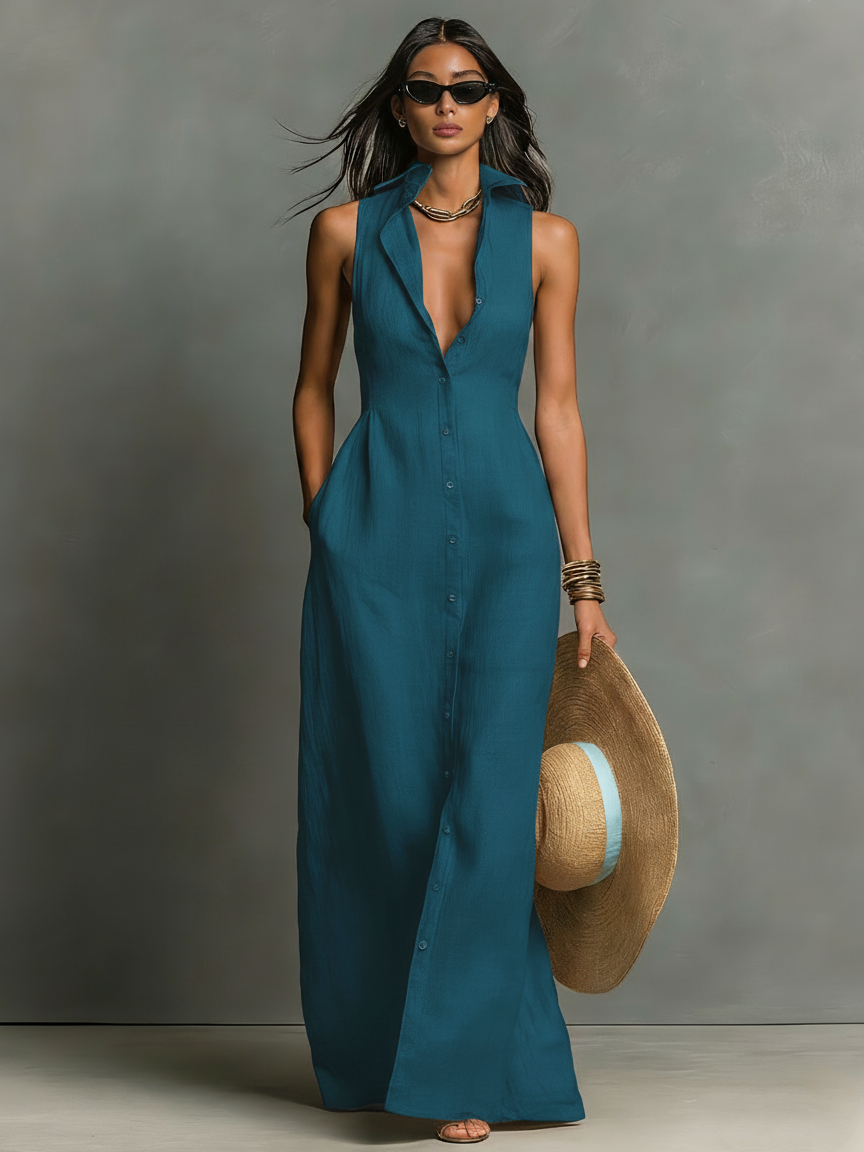Dorothy  - Sleeveless Maxi Shirt Dress Casual Daytime Wear