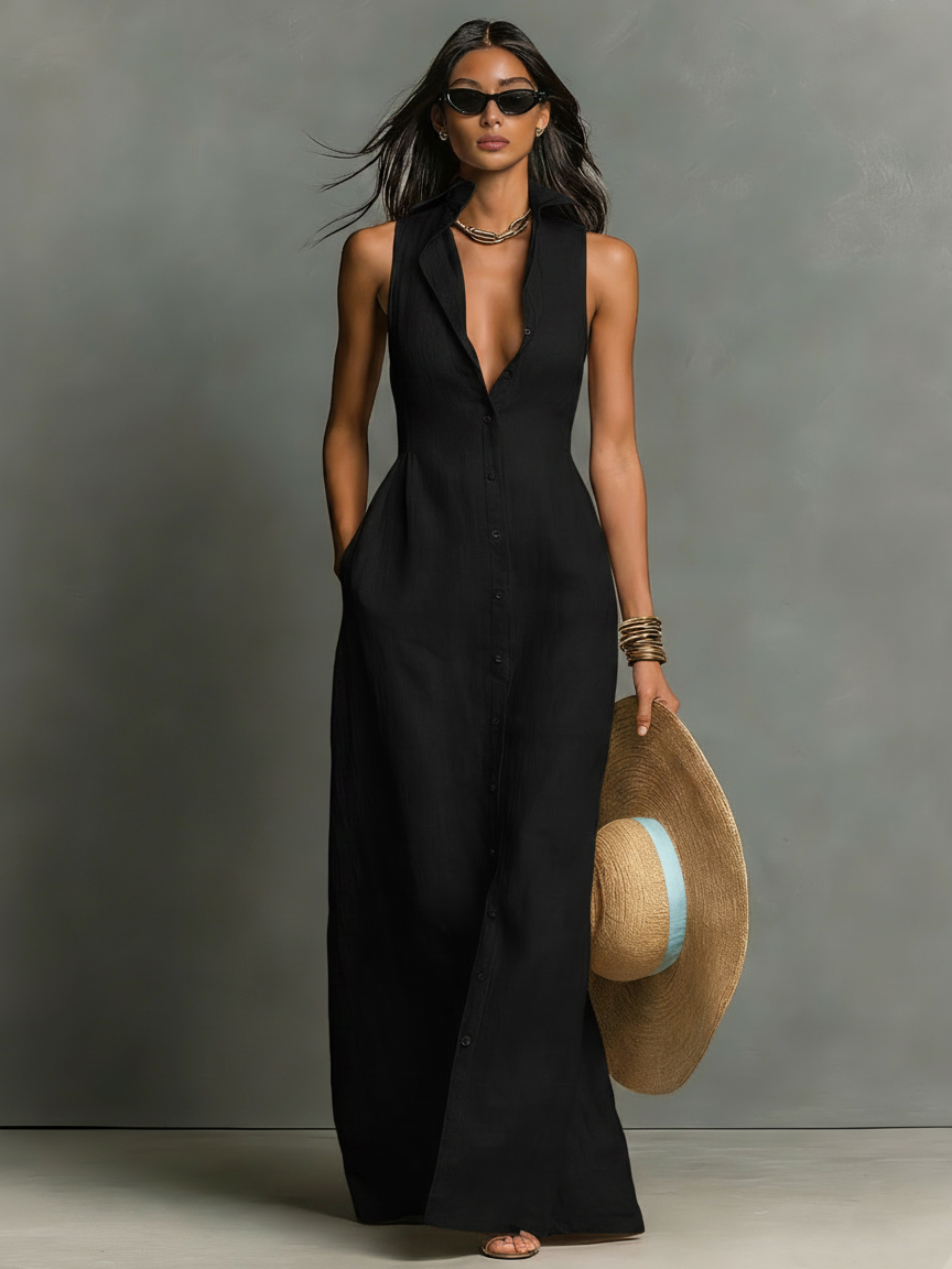 Dorothy  - Sleeveless Maxi Shirt Dress Casual Daytime Wear