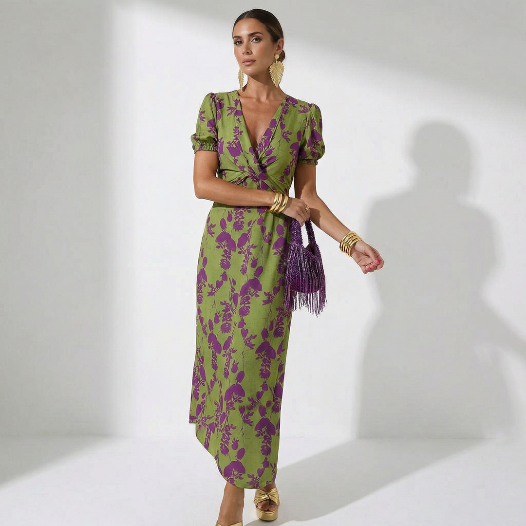 Hannah - Floral Maxi Dress with Puff Sleeves and V-Neckline