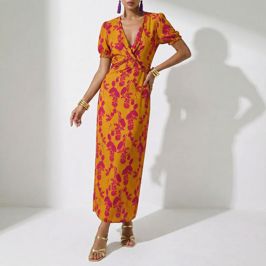 Hannah - Floral Maxi Dress with Puff Sleeves and V-Neckline