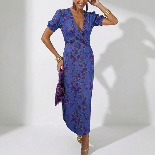 Hannah - Floral Maxi Dress with Puff Sleeves and V-Neckline
