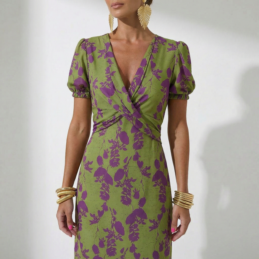 Hannah - Floral Maxi Dress with Puff Sleeves and V-Neckline