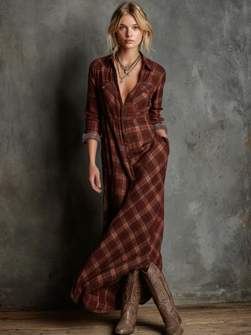 Gail  - Plaid Maxi Shirt Dress Casual Weekend Wear