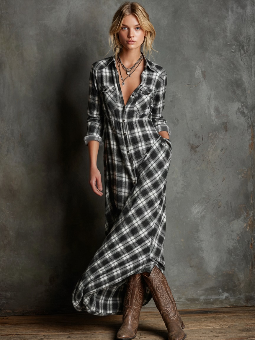 Gail  - Plaid Maxi Shirt Dress Casual Weekend Wear