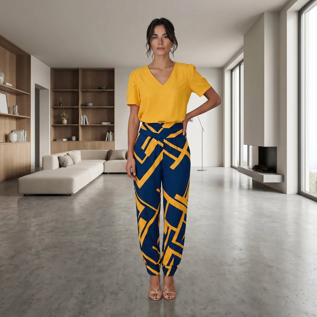 Gretchen  - V-Neck Blouse And Printed Pants Set