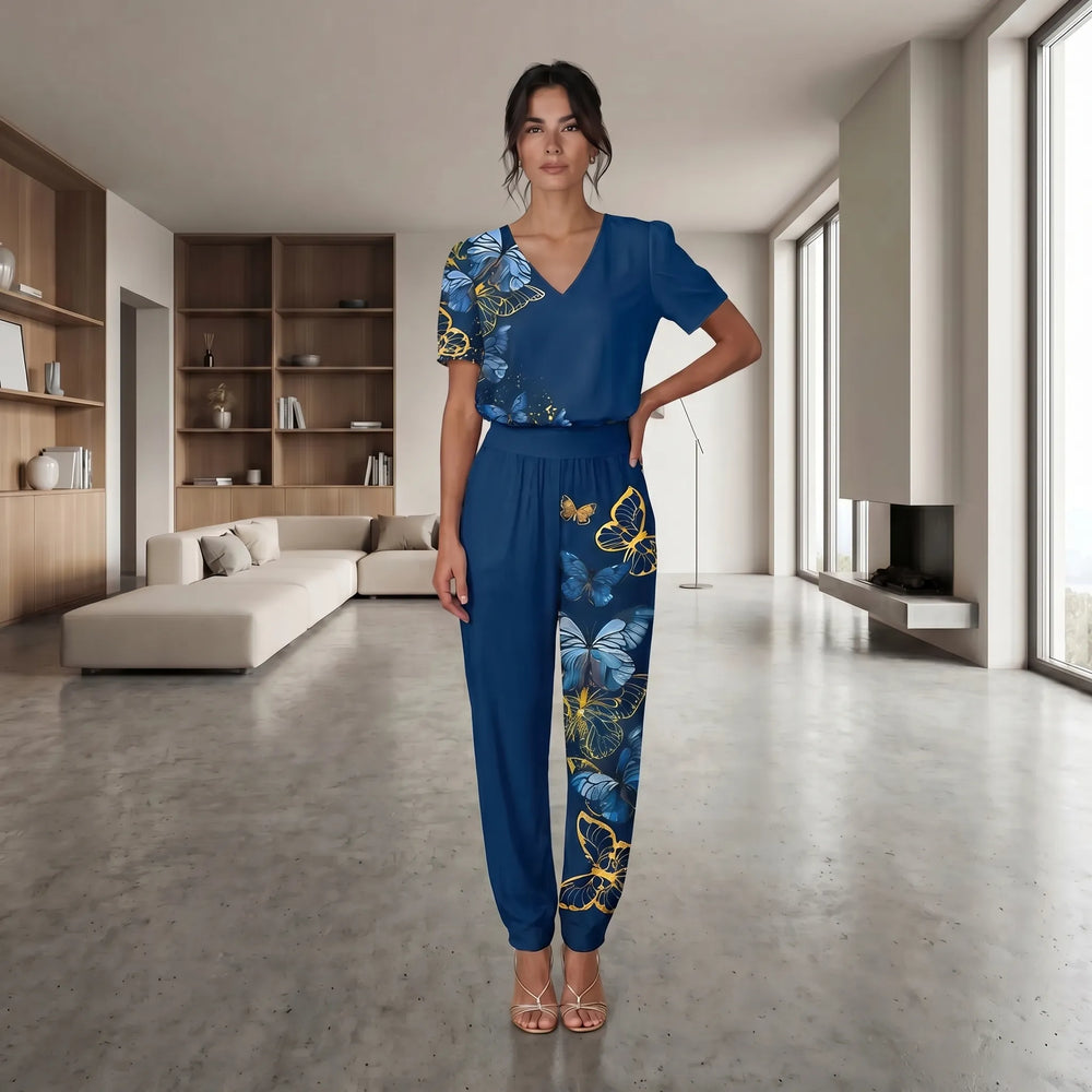 Gretchen  - V-Neck Blouse And Printed Pants Set