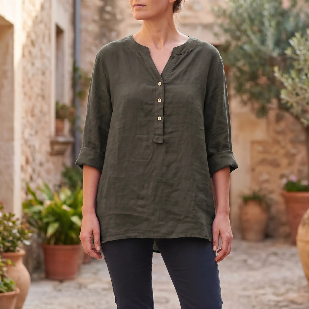 Hazel  - V-Notch Button-Front Casual Shirt