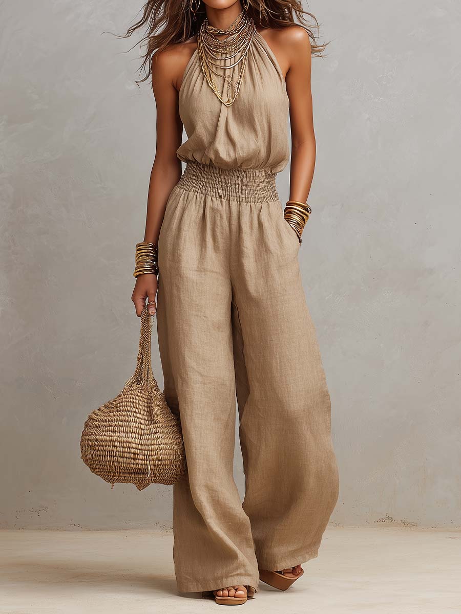 Holly  - Halter Neck Wide Leg Ruched Jumpsuit Warm Weather Wear