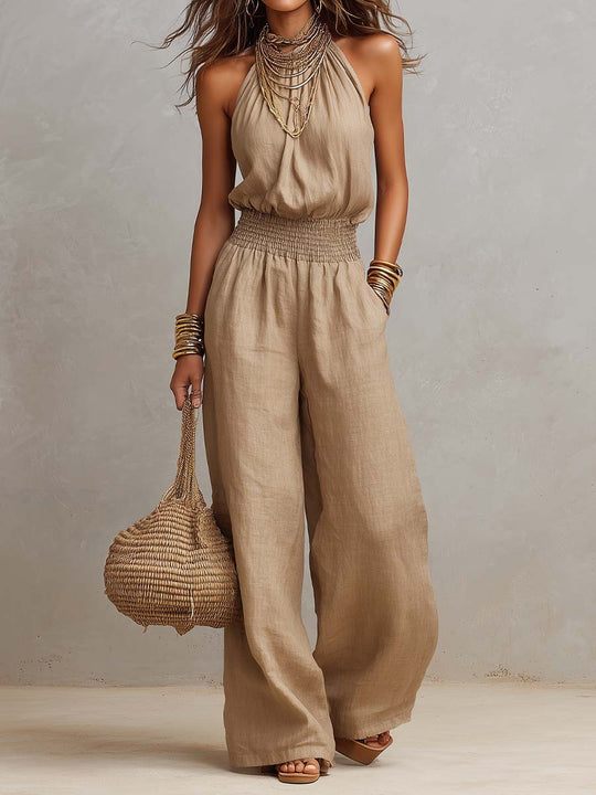 Holly  - Halter Neck Wide Leg Ruched Jumpsuit Warm Weather Wear