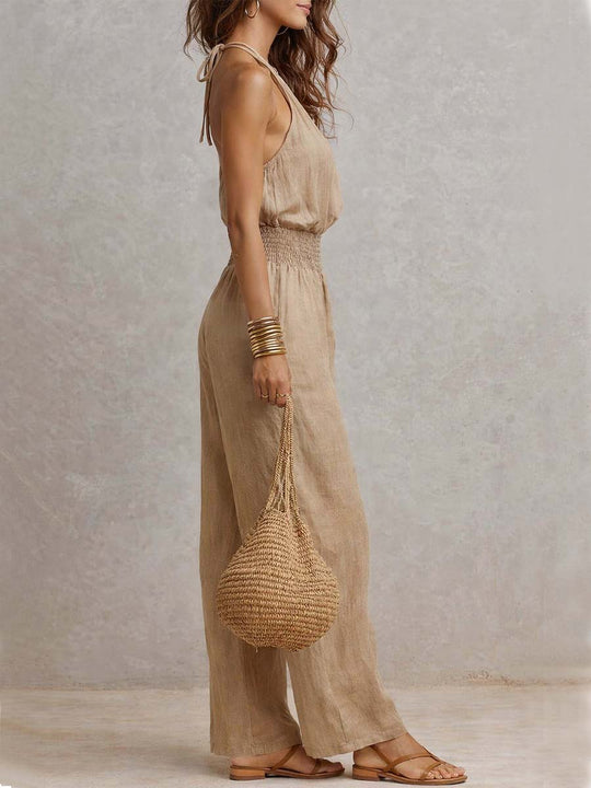 Holly  - Halter Neck Wide Leg Ruched Jumpsuit Warm Weather Wear