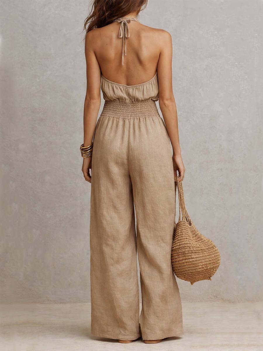 Holly  - Halter Neck Wide Leg Ruched Jumpsuit Warm Weather Wear