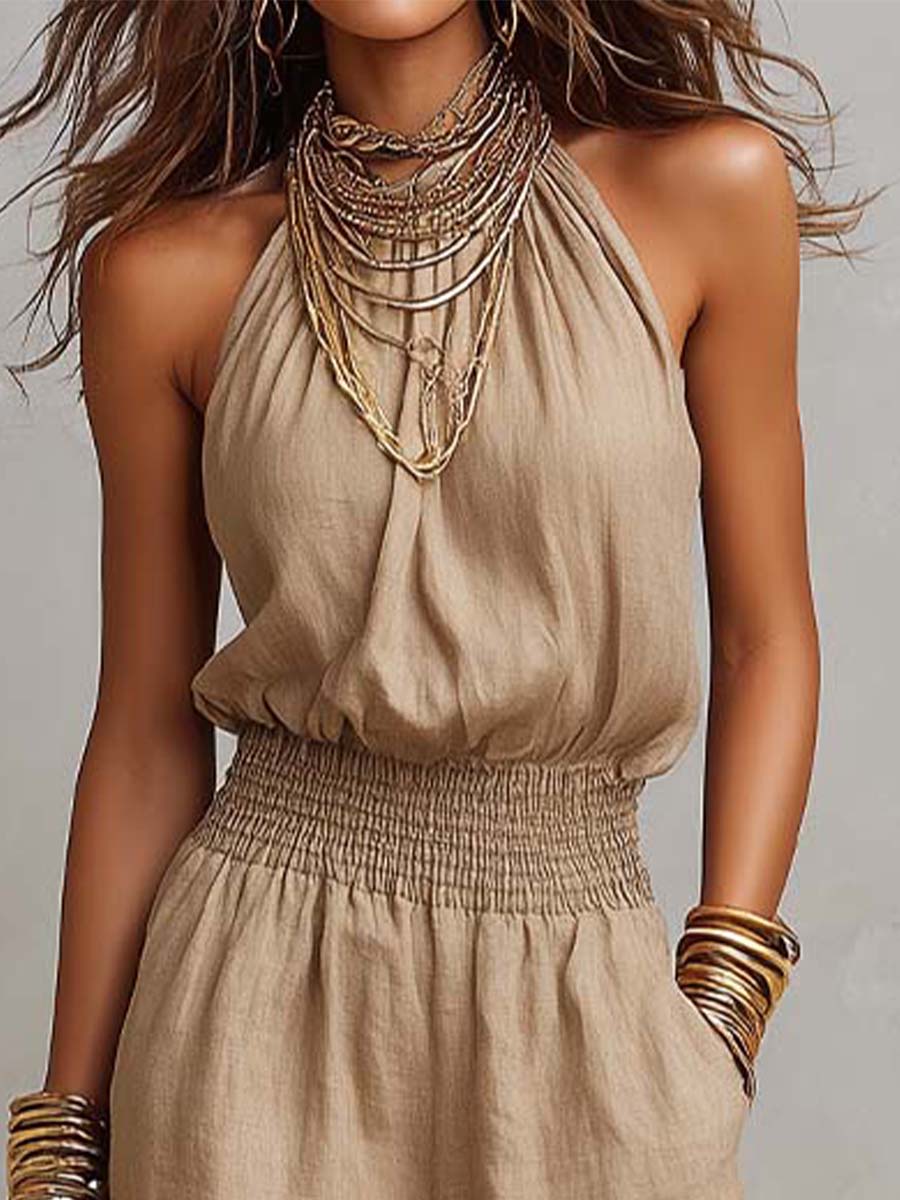 Holly  - Halter Neck Wide Leg Ruched Jumpsuit Warm Weather Wear