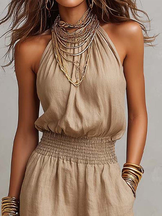 Holly  - Halter Neck Wide Leg Ruched Jumpsuit Warm Weather Wear