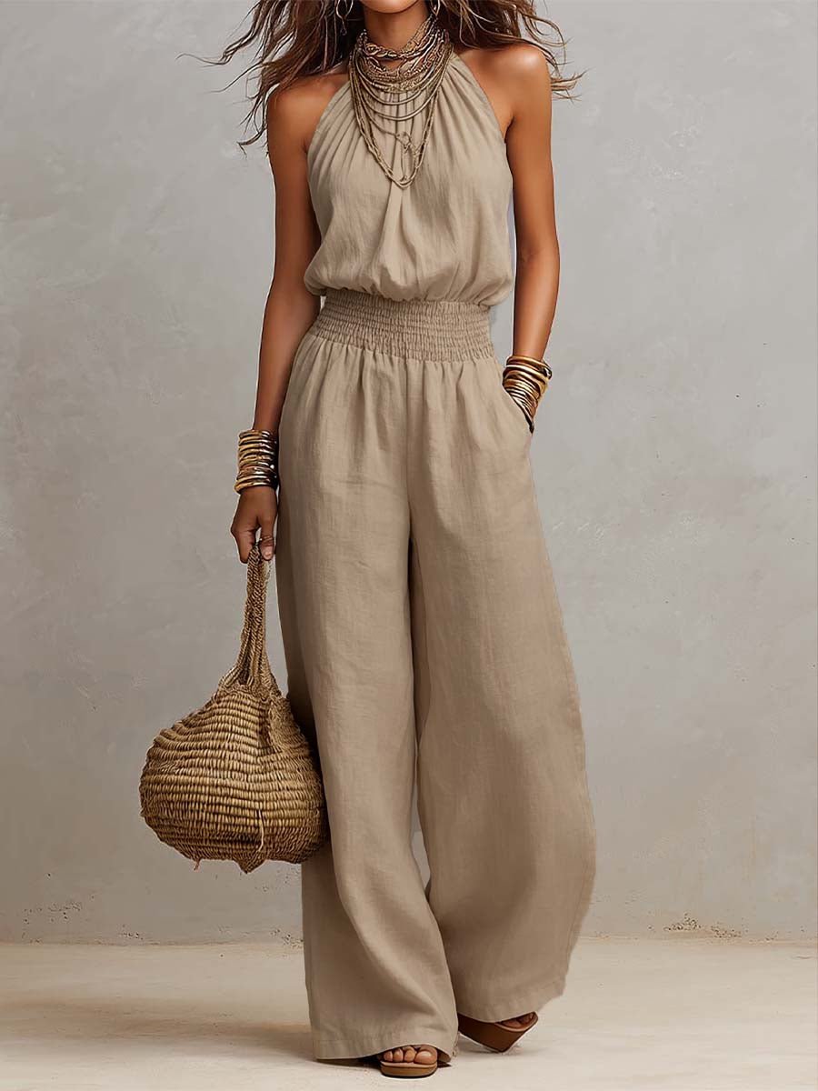 Holly  - Halter Neck Wide Leg Ruched Jumpsuit Warm Weather Wear