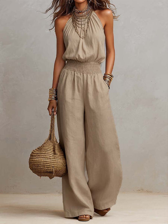 Holly  - Halter Neck Wide Leg Ruched Jumpsuit Warm Weather Wear