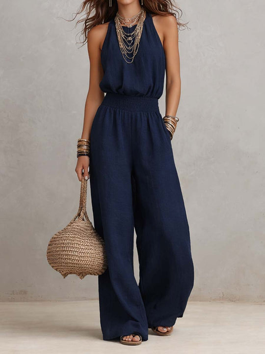 Holly  - Halter Neck Wide Leg Ruched Jumpsuit Warm Weather Wear